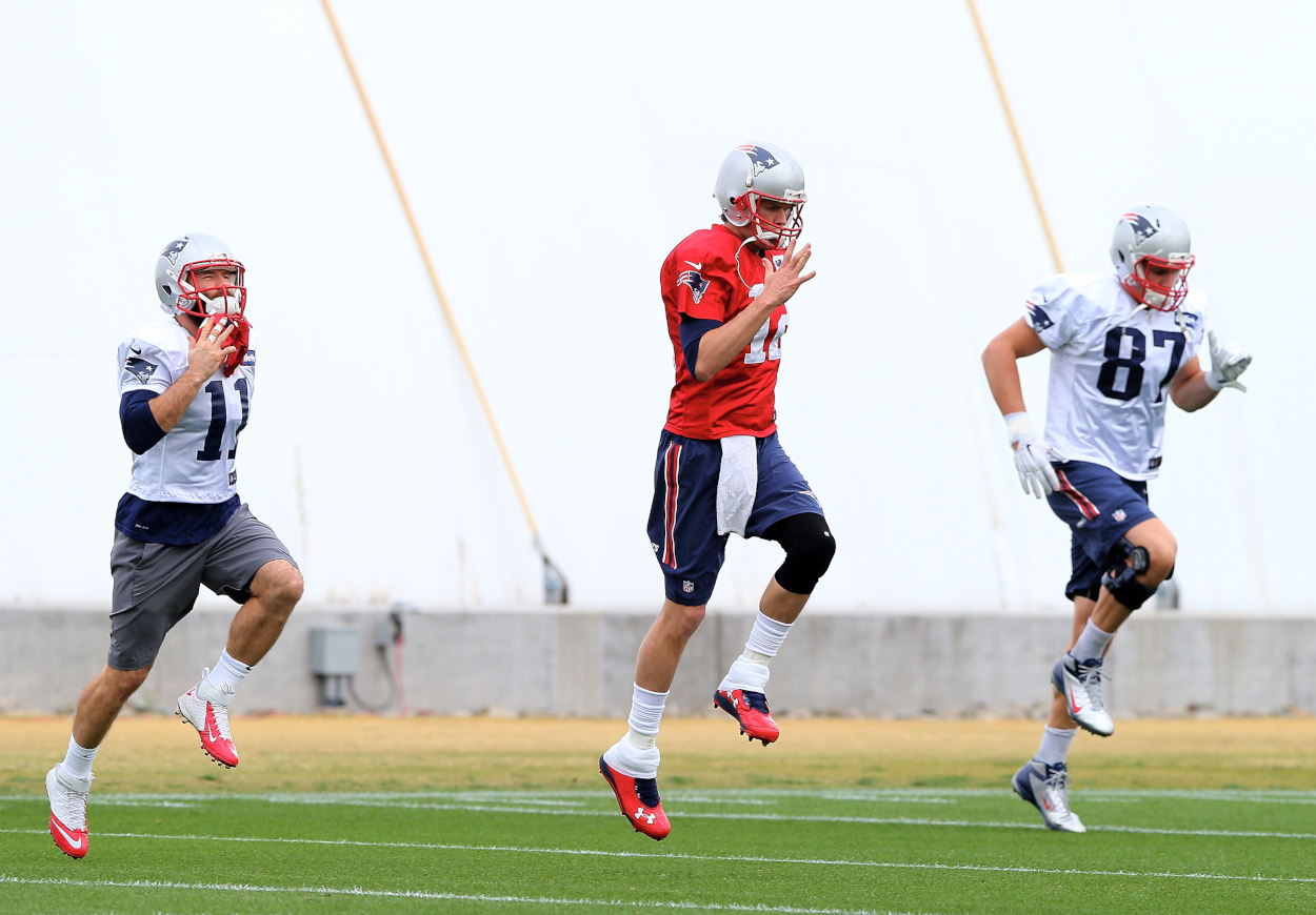 Julian Edelman with New England Patriots teammates Tom Brady and Rob Gronkowski