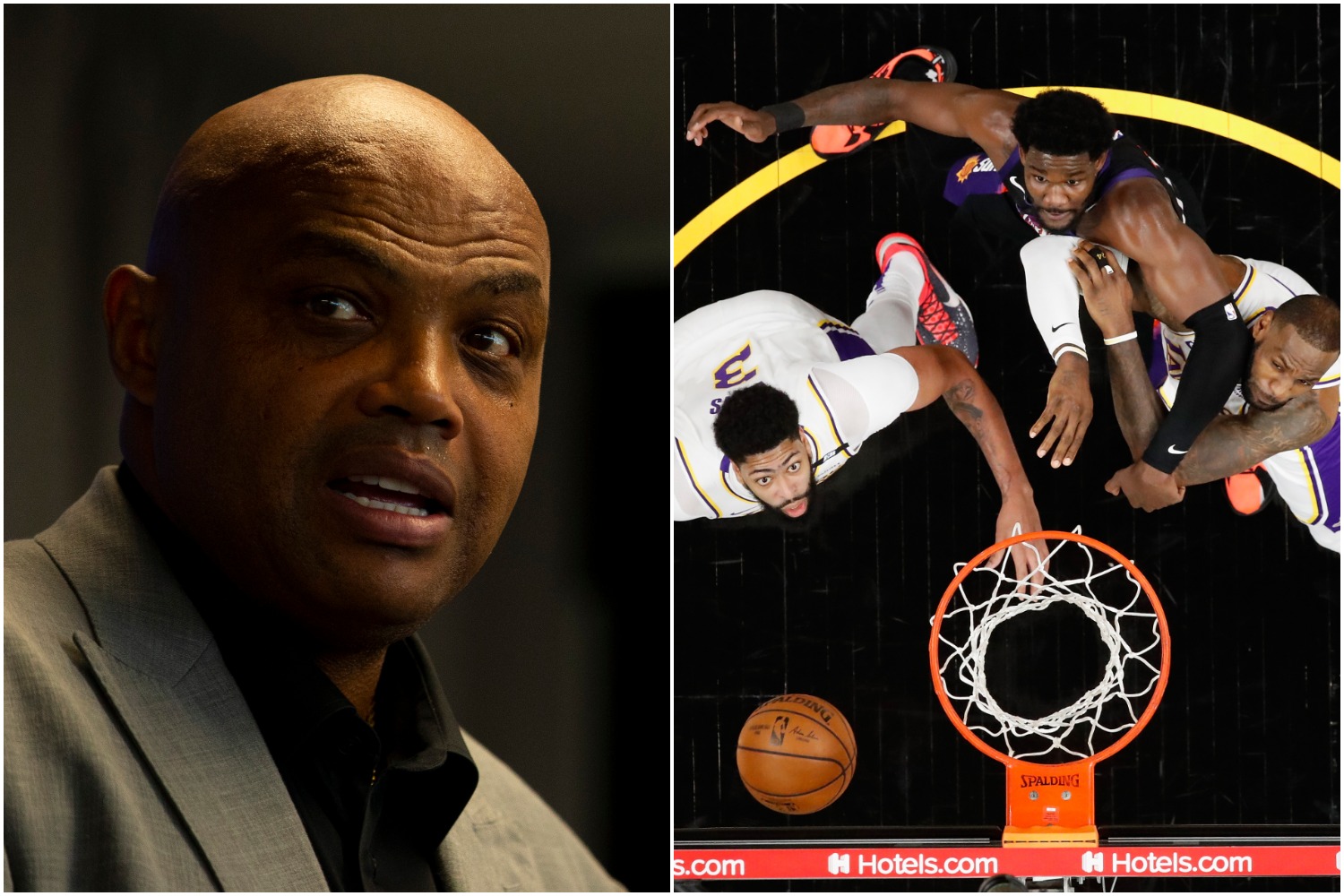 Charles Barkley looks on as LA Lakers stars Anthony Davis and LeBron James attempt to block out Deandre Ayton during the first half of a playoff game.