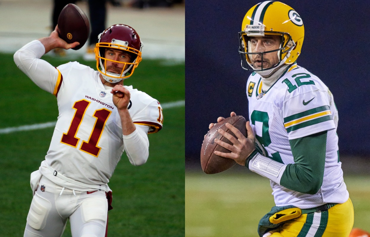 Washington quarterback Alex Smith (L) and Green Bay Packers quarterback Aaron Rodgers during the 2020 season.