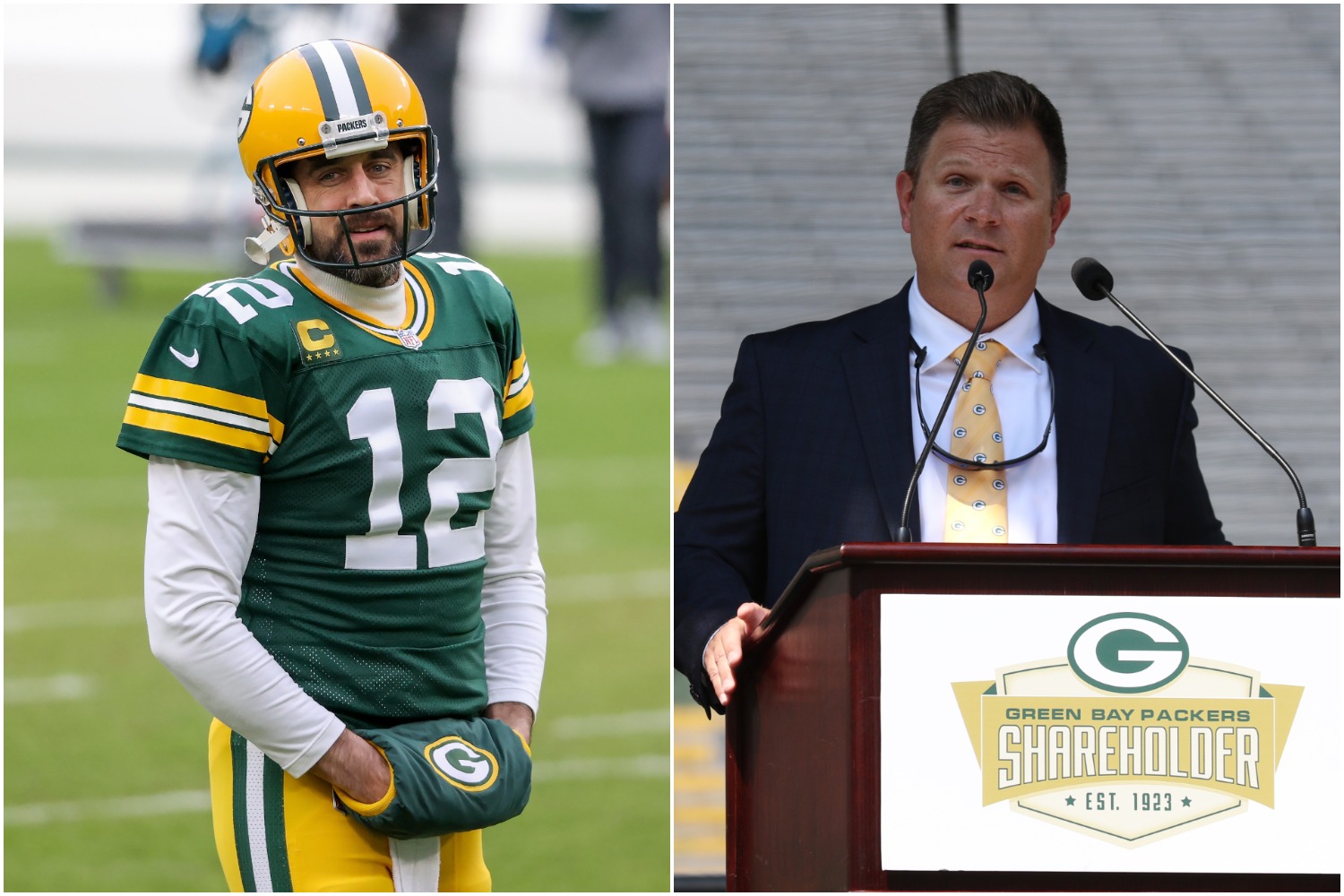 Aaron Rodgers looks on during a game (left) as Packers general manager Brian Gutekunst speaks to team shareholders (right).
