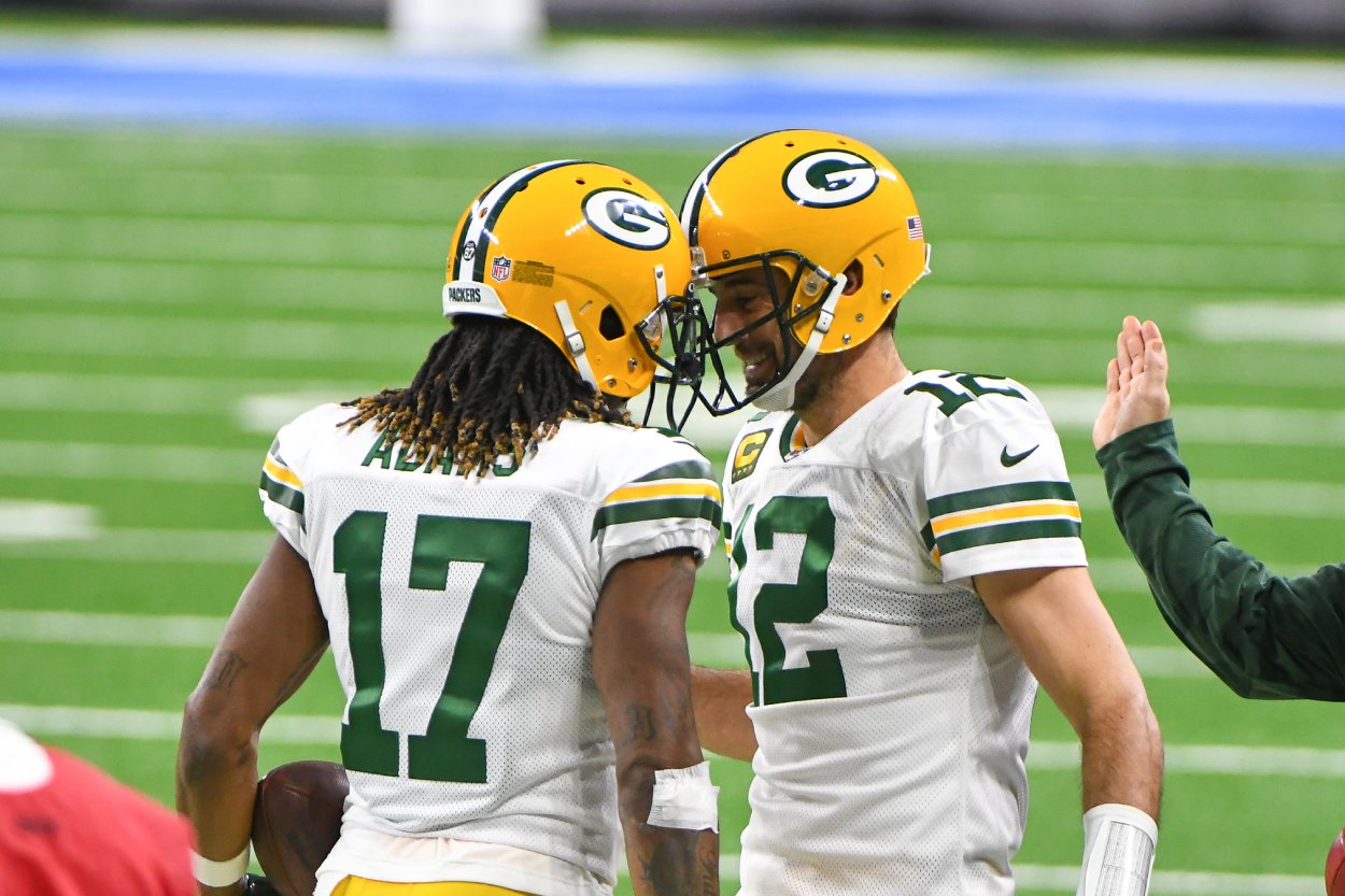 Green Bay Packers receiver Davante Adams (L) and quarterback Aaron Rodgers in 2020.