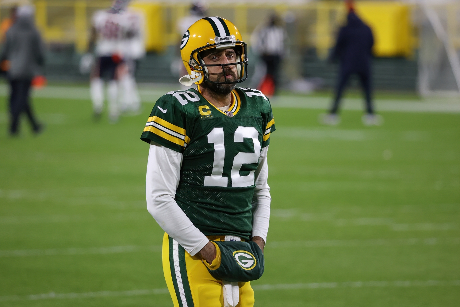 Green Bay Packers quarterback Aaron Rodgers warms up before a game.