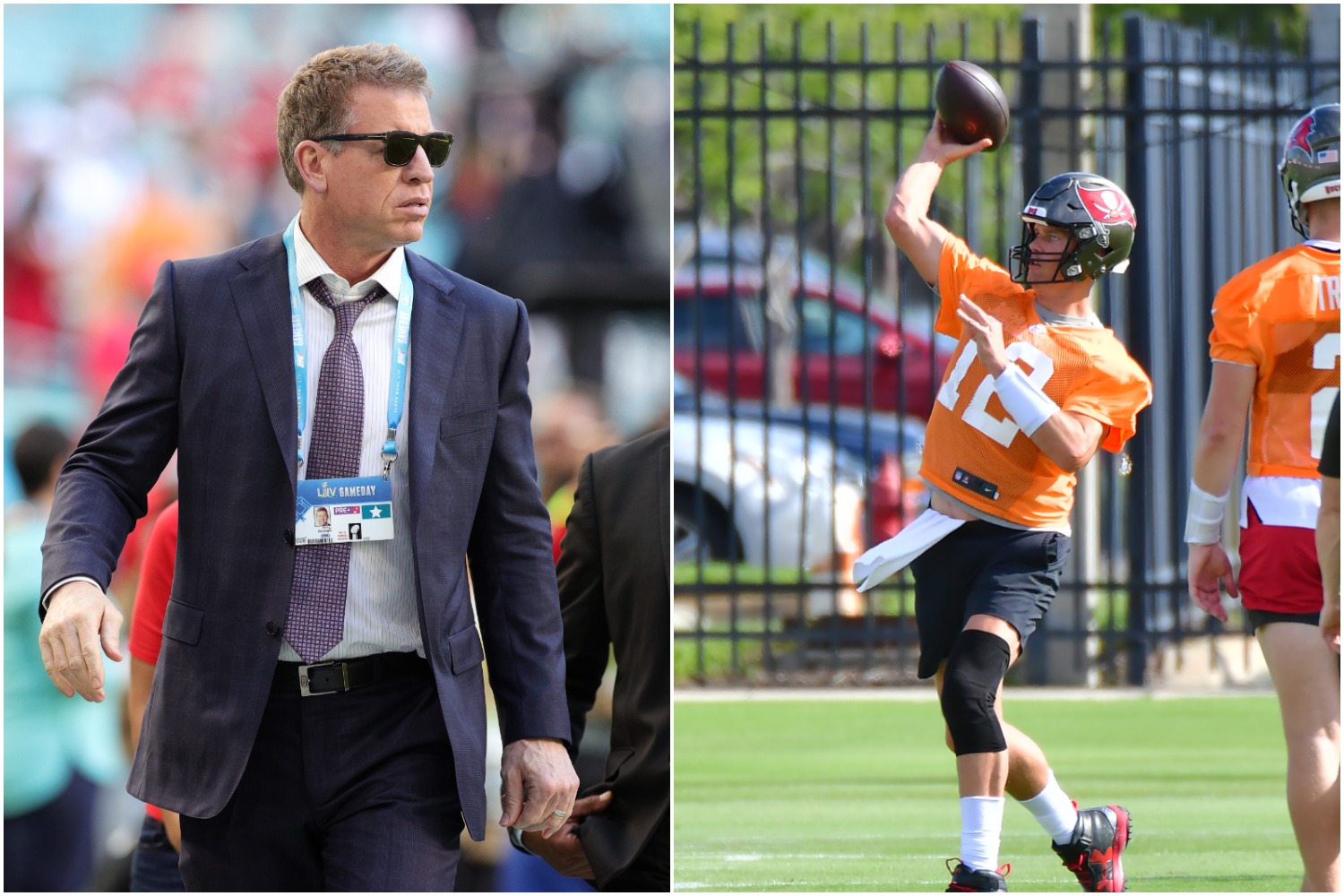 Pro Football Hall of Famer Troy Aikman walks across the field as Tom Brady throws a pass during Buccaneers practice.