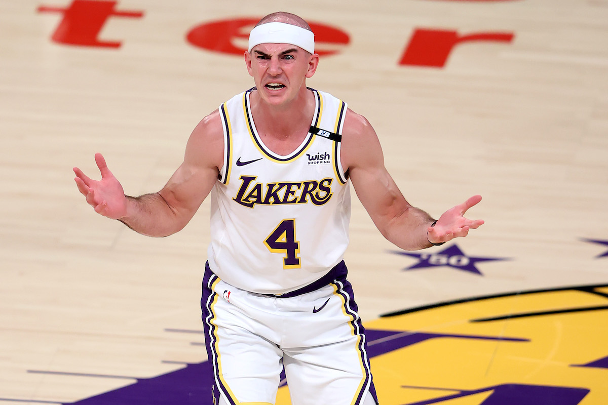 Alex Caruso of the Los Angeles Lakers reacts after being called for a foul