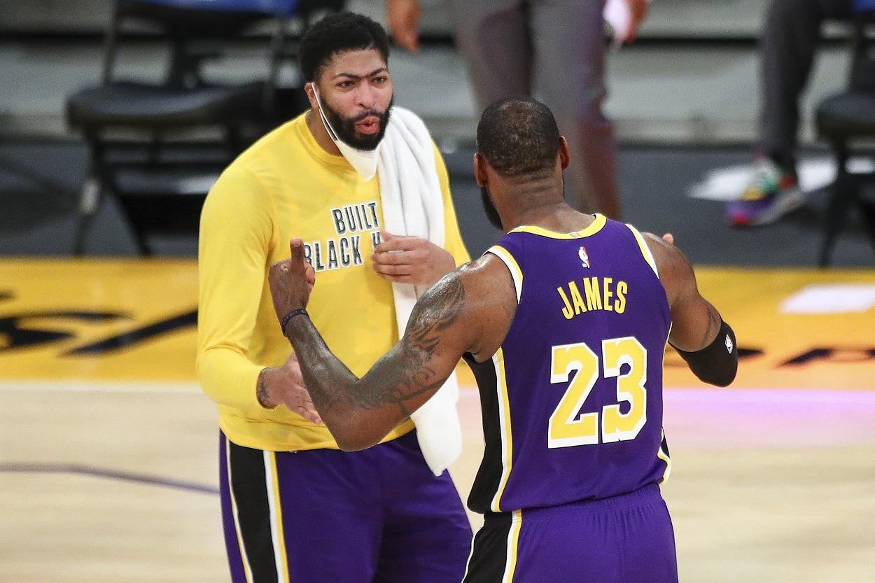 Anthony Davis and LeBron James during a Lakers-Grizzles matchup in February 2021
