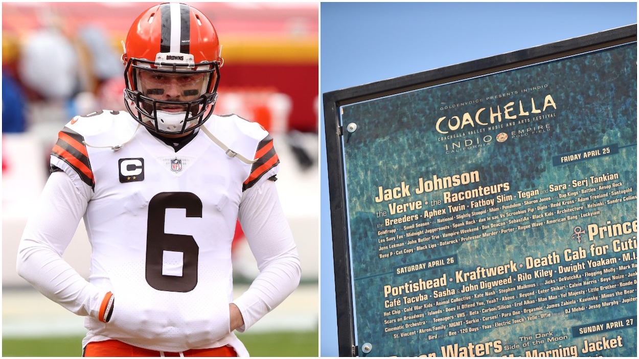 (L-R) Quarterback Baker Mayfield of the Cleveland Browns warms up prior to the AFC Divisional Playoff game against the Kansas City Chiefs at Arrowhead Stadium on January 17, 2021, Coachella poster is seen during day 3 of the Coachella Valley Music And Arts Festival