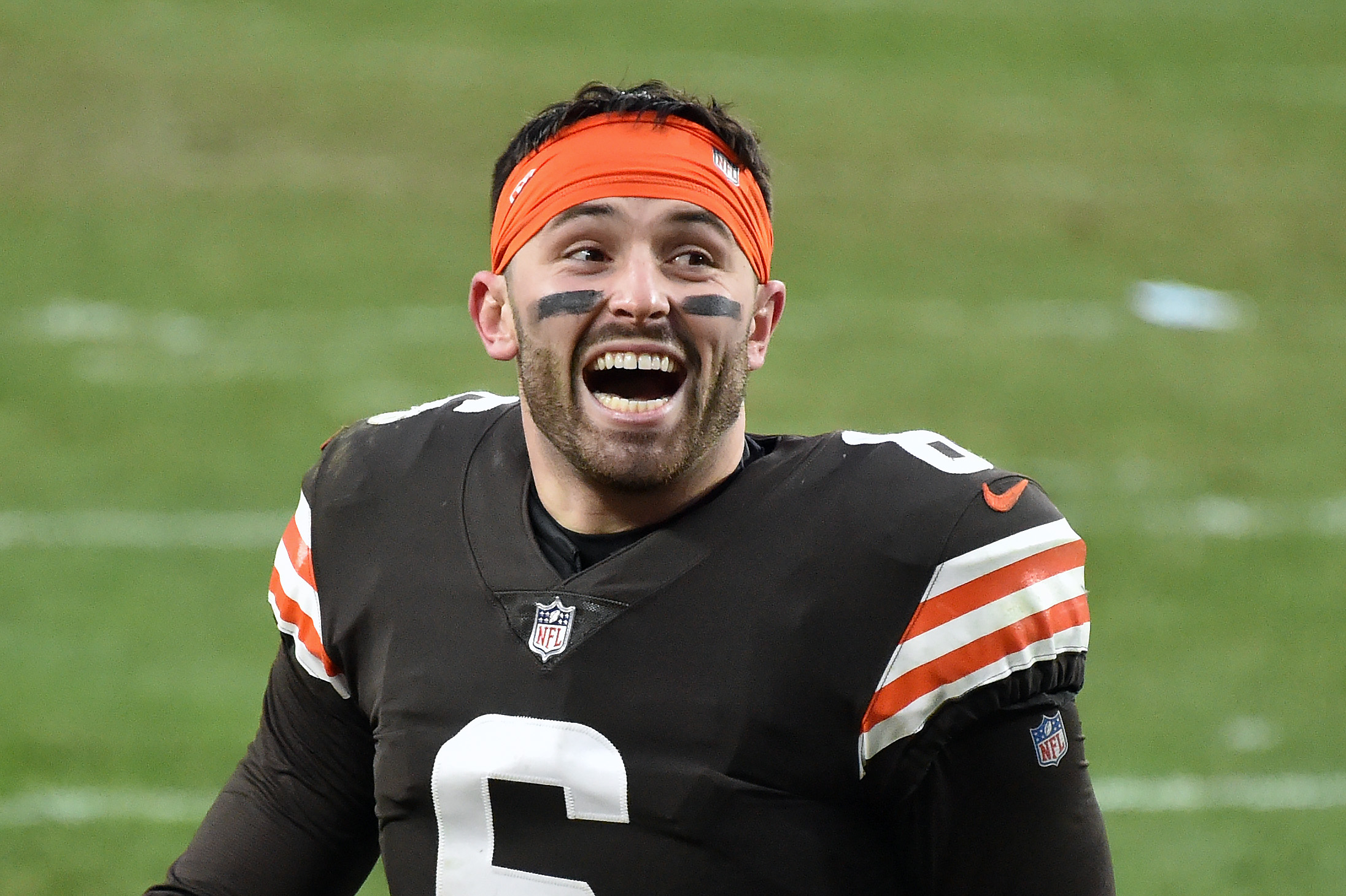 Bettors are loving the Baker Mayfield MVP odds for 2021. The Cleveland Browns QB is seen here celebrating a 2020 victory over the Steelers.