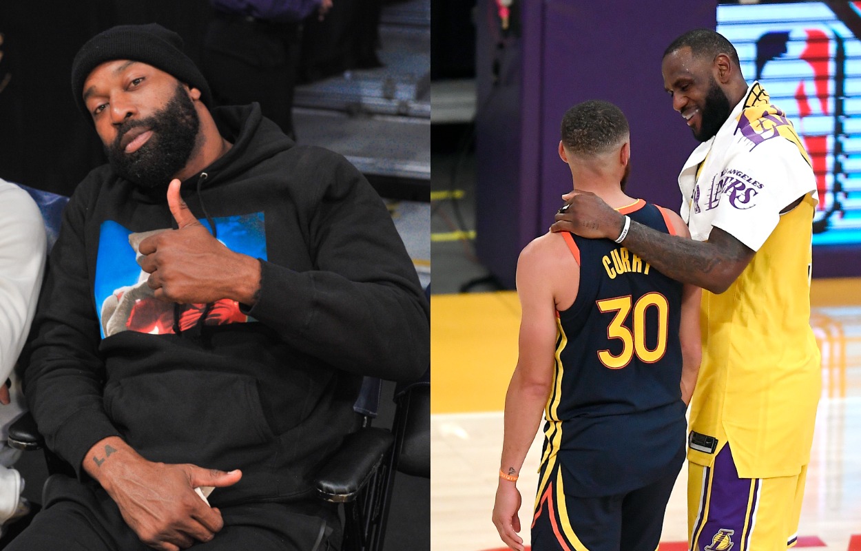 Baron Davis (L) in 2019 and LeBron James and Stephen Curry in 2021.