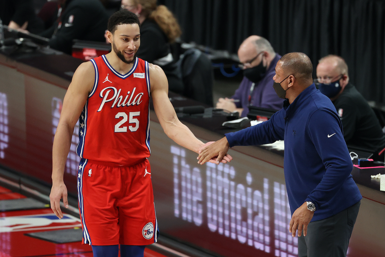 Philadelphia 76ers guard Ben Simmons and head coach Doc Rivers