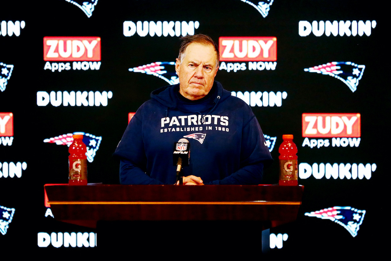 New England Patriots head coach Bill Belichick speaks with the media during a press conference at Gillette Stadium in Foxborough, Massachusetts.