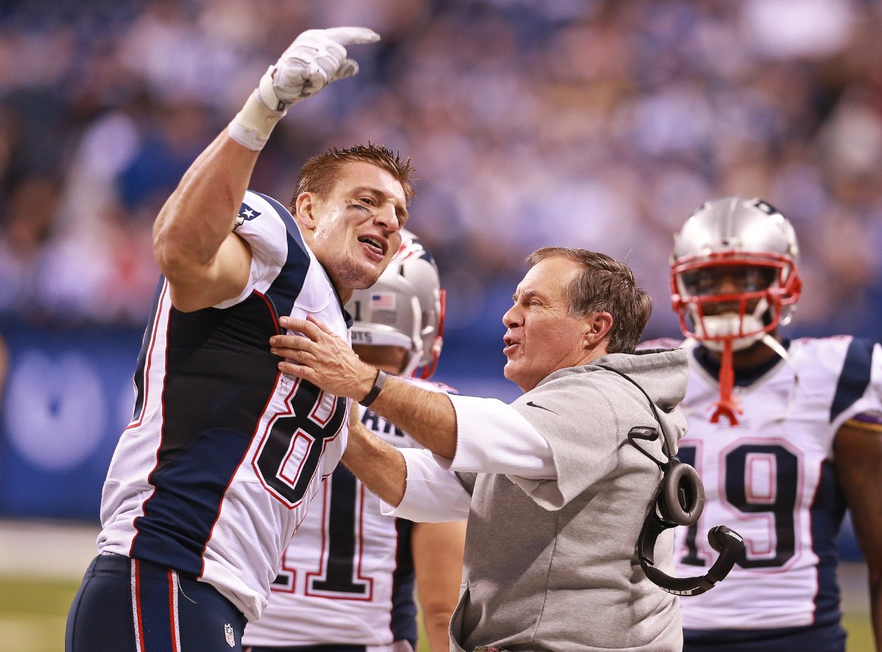 New England Patriots tight end Rob Gronkowski (L) and head coach Bill Belichick in 2014.