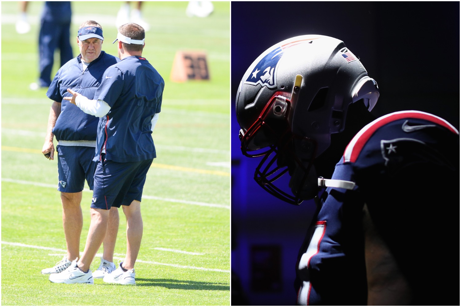 New England Patriots head coach Bill Belichick talks to offensive coordinator Josh McDaniels as offensive tackle Trent Brown prepares to exit the tunnel.