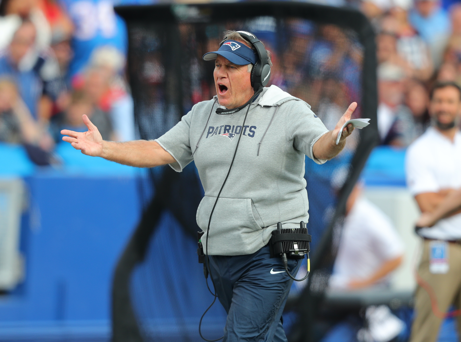 New England Patriots coach Bill Belichick reacts on the sidelines during a 2019 NFL game.