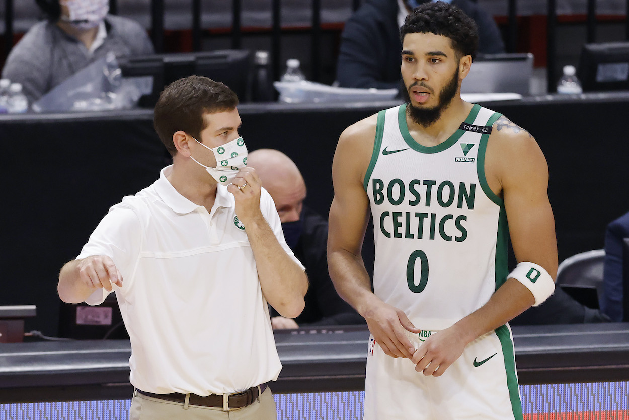 Boston Celtics head coach Brad Stevens and forward Jayson Tatum