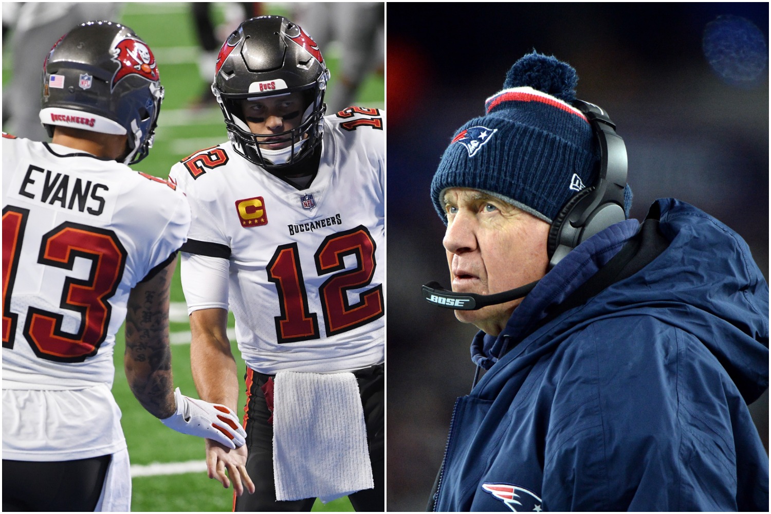 Tom Brady celebrates with Buccaneers receiver Mike Evans as Patriots head coach Bill Belichick looks up at the replay board.