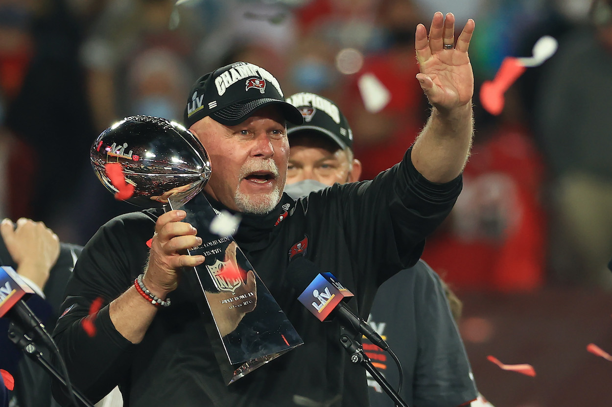 Head coach Bruce Arians of the Tampa Bay Buccaneers lifts the Lombardi Trophy after defeating the Kansas City Chiefs in Super Bowl LV at Raymond James Stadium on February 07, 2021 in Tampa, Florida. The Buccaneers defeated the Chiefs 31-9.