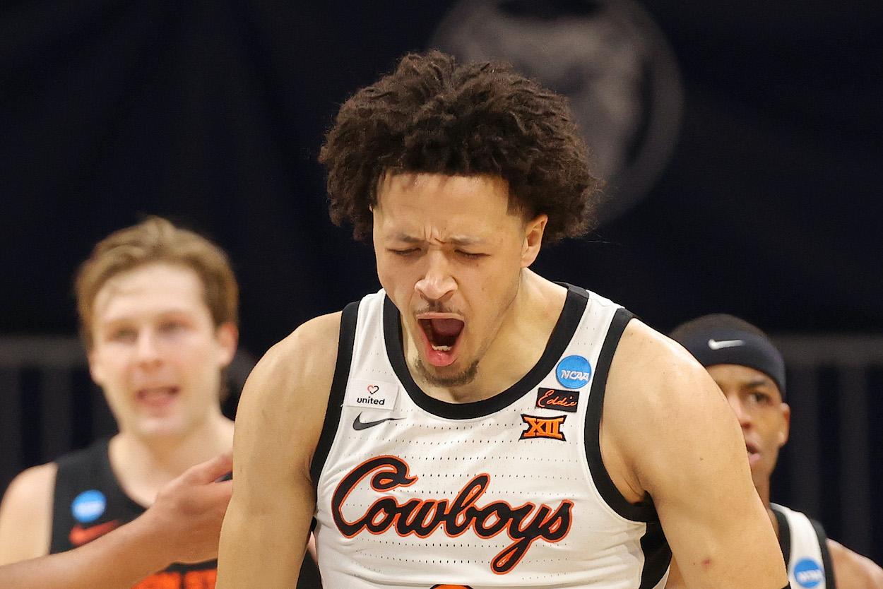 Cade Cunningham of the Oklahoma State Cowboys, the potential No. 1 overall pick in the 2021 NBA draft, reacts against the Oregon State Beavers during the second half in the second round game of the 2021 NCAA Men's Basketball Tournament.