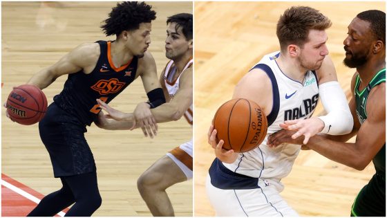 (L-R) NBA draft prospect Cade Cunningham and the NBA star he compares himself to, the Dallas Mavericks' Luka Doncic
