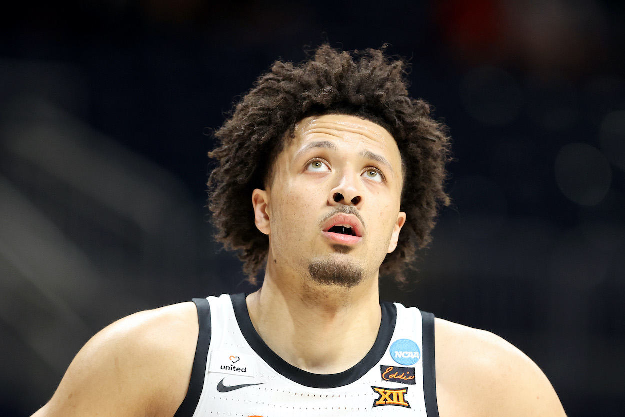 Cade Cunningham of the Oklahoma State Cowboys looks on as they play the Oregon State Beavers during the first half in the second round game of the 2021 NCAA Men's Basketball Tournament.