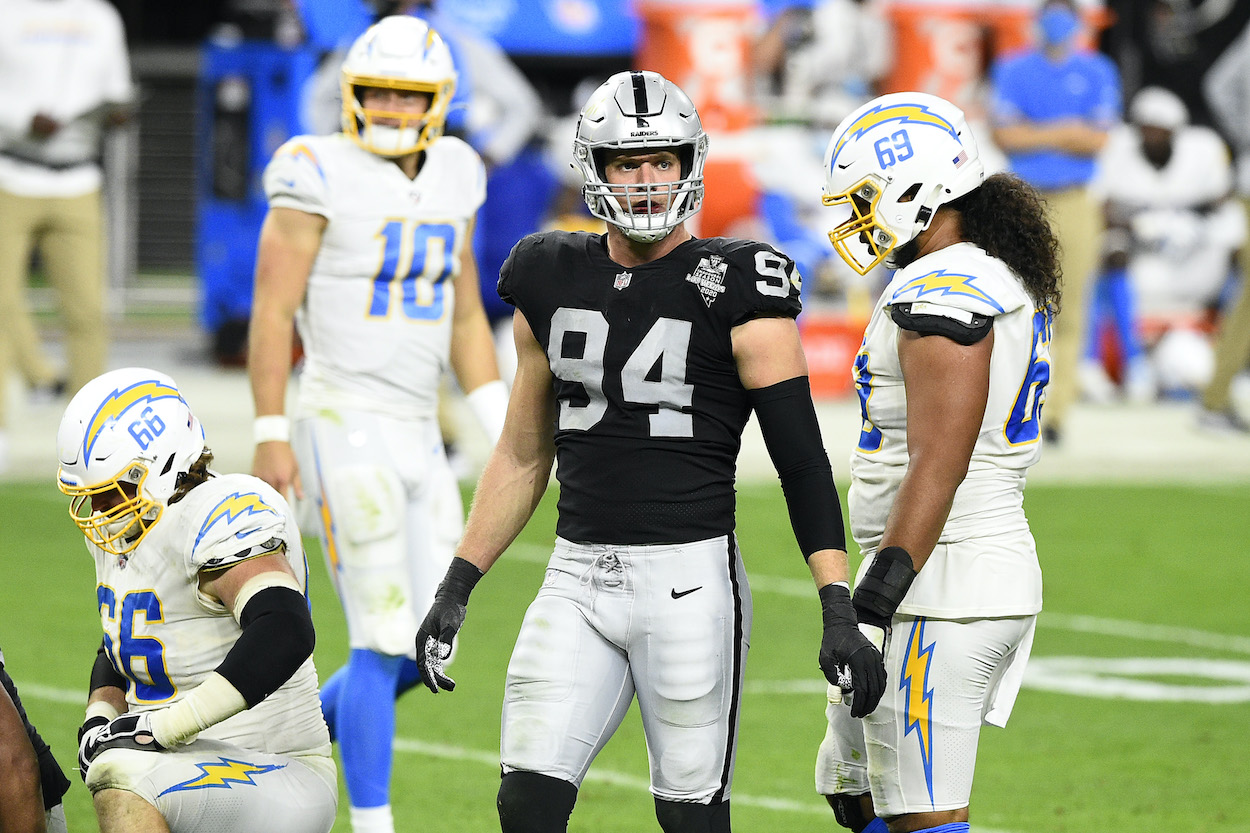Carl Nassib of the Las Vegas Raiders, soon to be the first openly gay active NFL player, looks on after a play at Allegiant Stadium on December 13, 2020 in Las Vegas, Nevada.