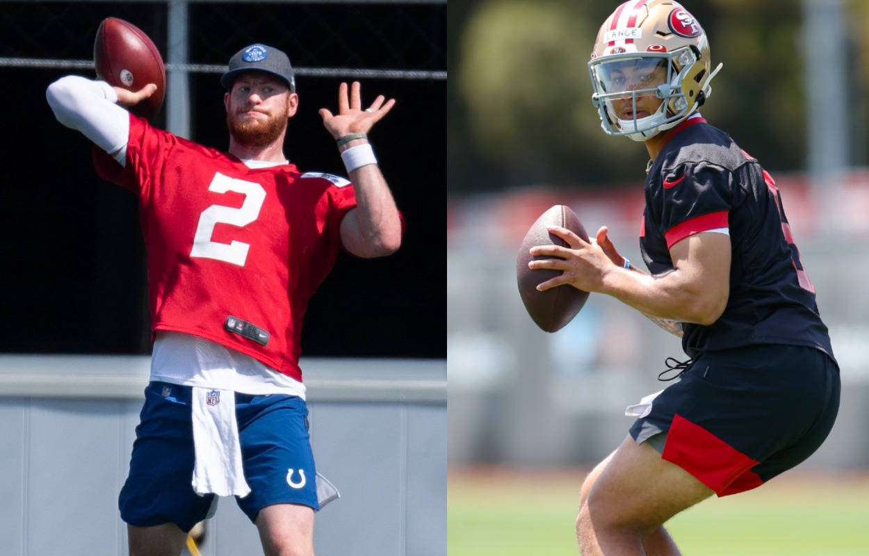 Indianapolis Colts quarterback Carson Wentz (L) and San Francisco 49ers quarterback Trey Lance in 2021.