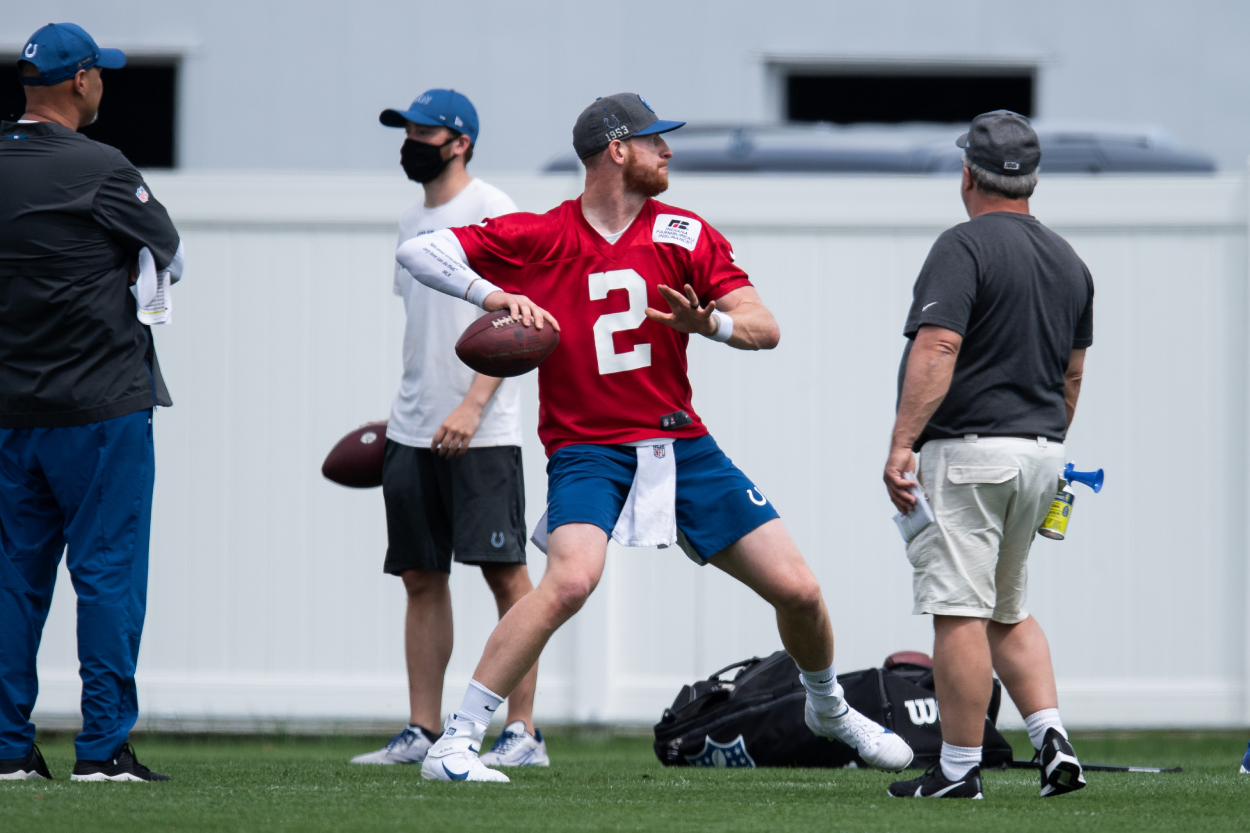 Former Eagles and current Colts quarterback Carson Wentz during 2021 OTAs.