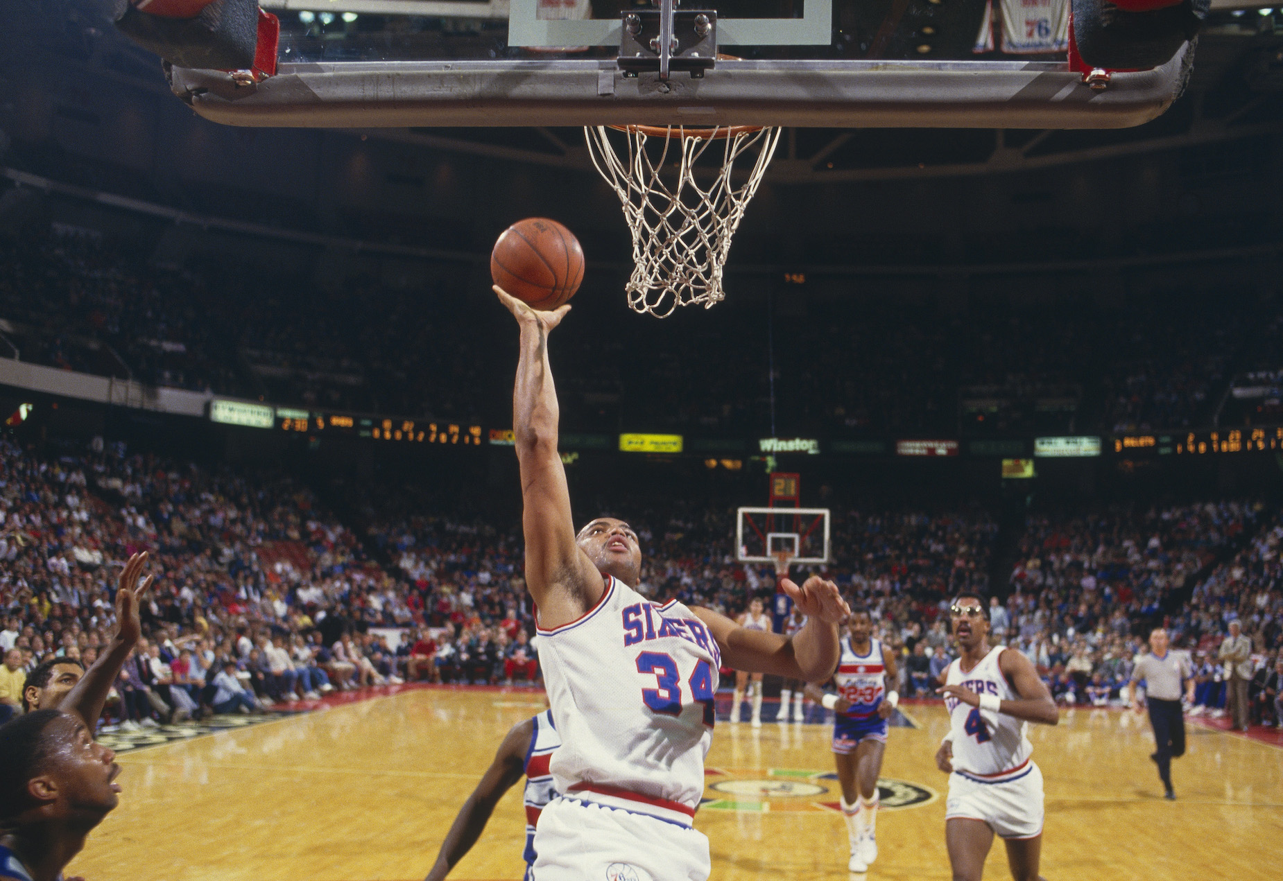 Philadelphia 76ers forward Charles Barkley goes up for a lay-up.