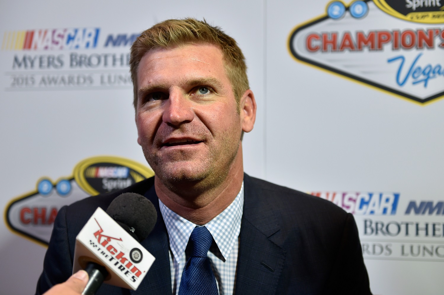 NASCAR driver Clint Bowyer speaks with the media following the 2015 NASCAR NMPA Myers Brothers Awards Luncheon at Encore Las Vegas on Dec. 3, 2015.