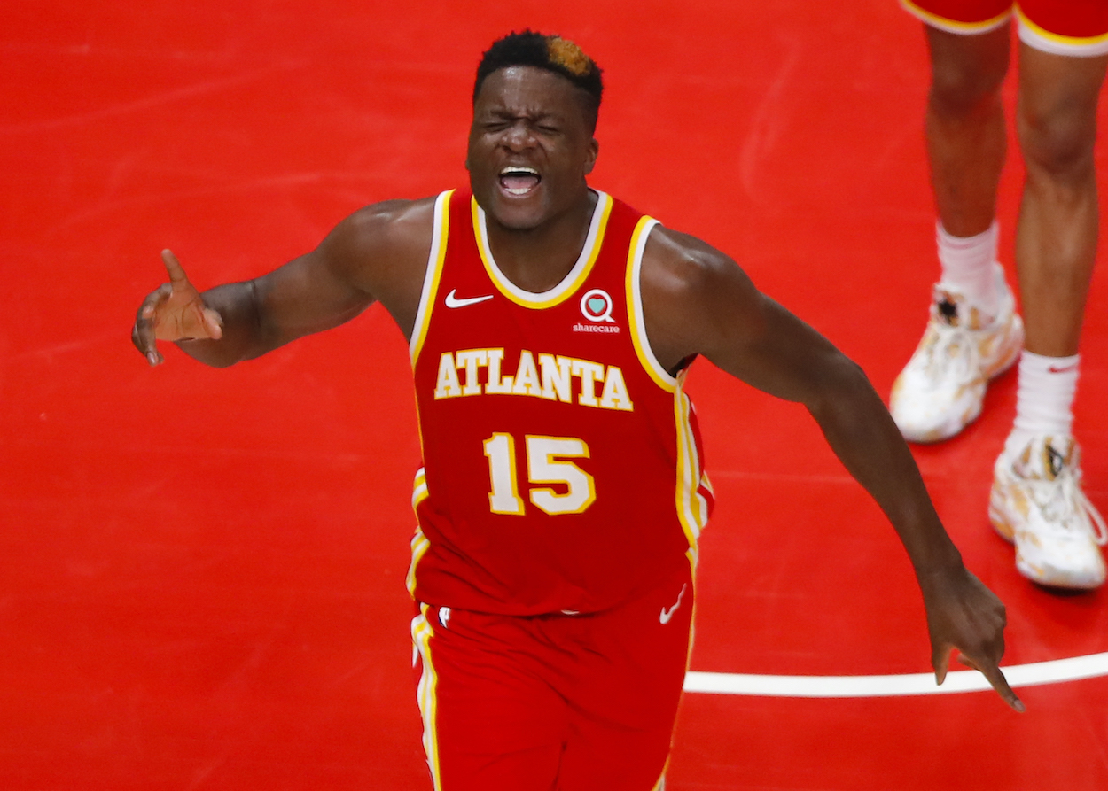 Clint Capela of the Atlanta Hawks reacts in the second half against the New York Knicks during game three of the Eastern Conference Quarterfinals at State Farm Arena on May 28, 2021 in Atlanta, Georgia.