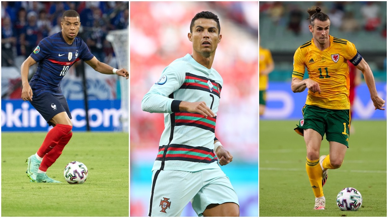 (L-R) France's Kylian Mbappe, Portugal's Cristiano Ronaldo, Wales' Gareth Bale are among the highest-paid players Euro 2020 features.