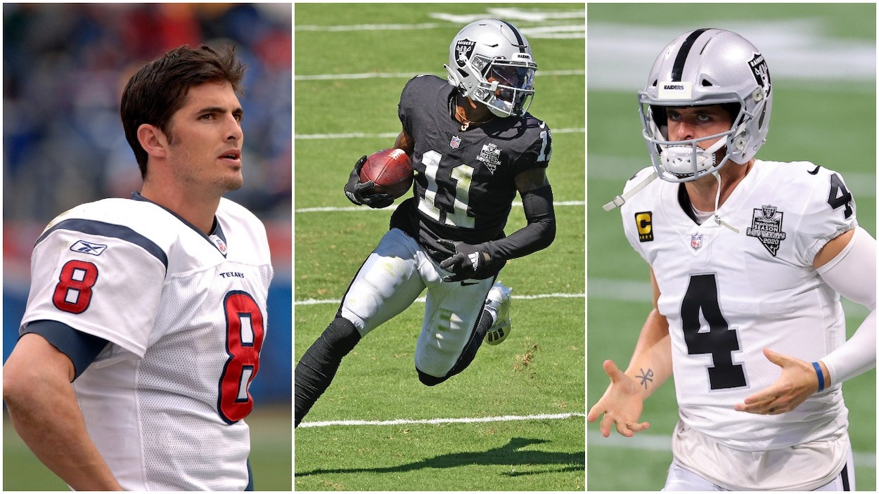 (L-R) Former Houston texans quarterback David Carr, Las Vegas Raider wide receiver Henry Ruggs, and quarterback Derek Carr