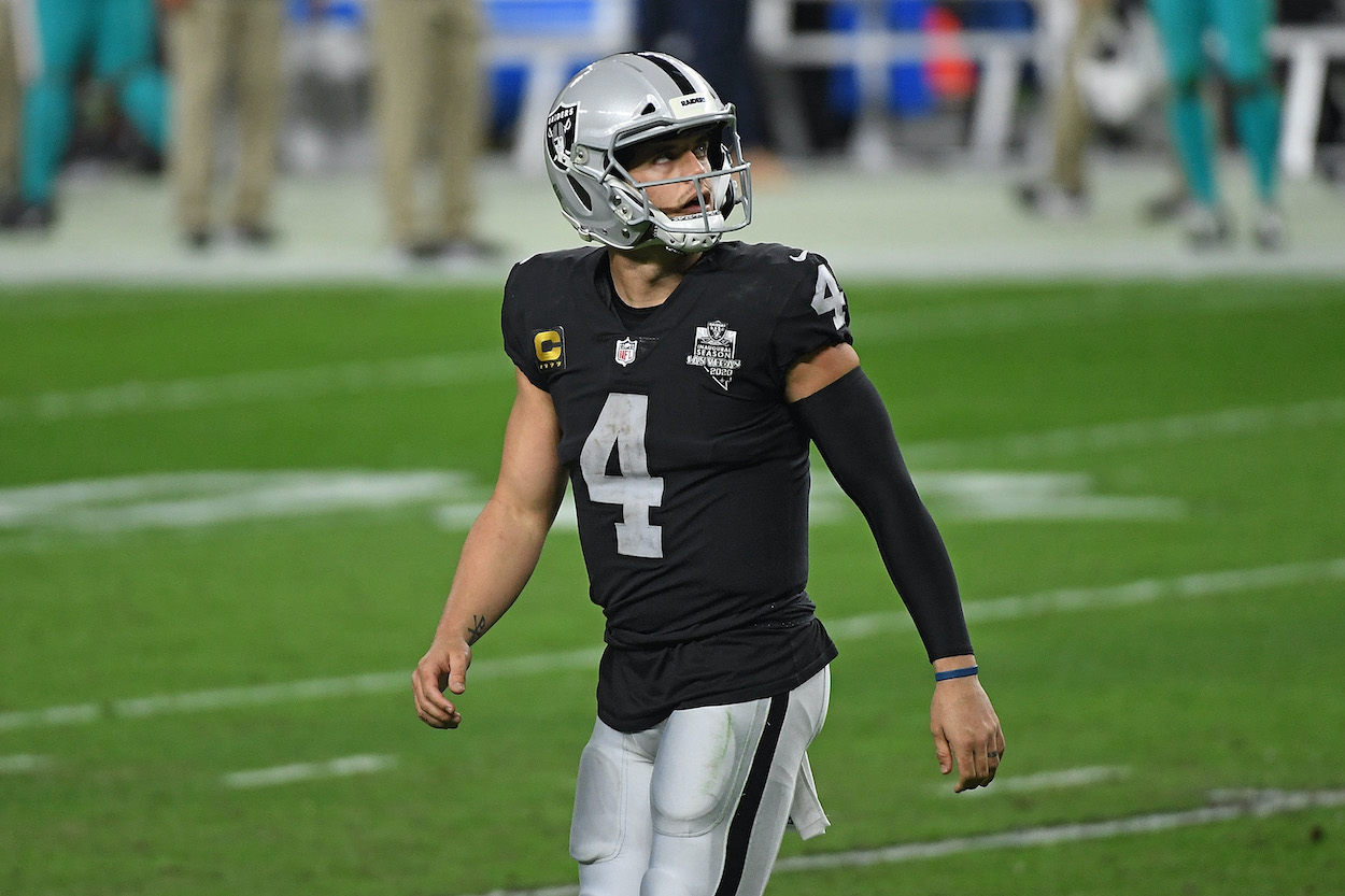 Derek Carr of the Las Vegas Raiders looks to the scoreboard during the third quarter of a game against the Miami Dolphins in 2020.