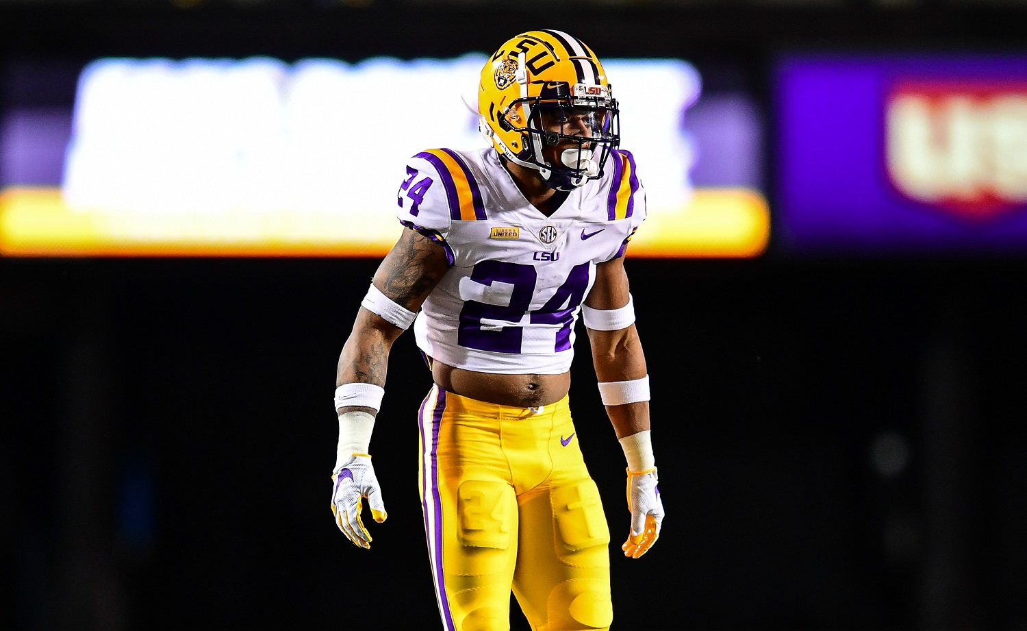 Derek Stingley Jr. of the LSU Tigers awaits a play against Vanderbilt on Oct. 3, 2020. | Gus Stark/Collegiate Images/Getty Images