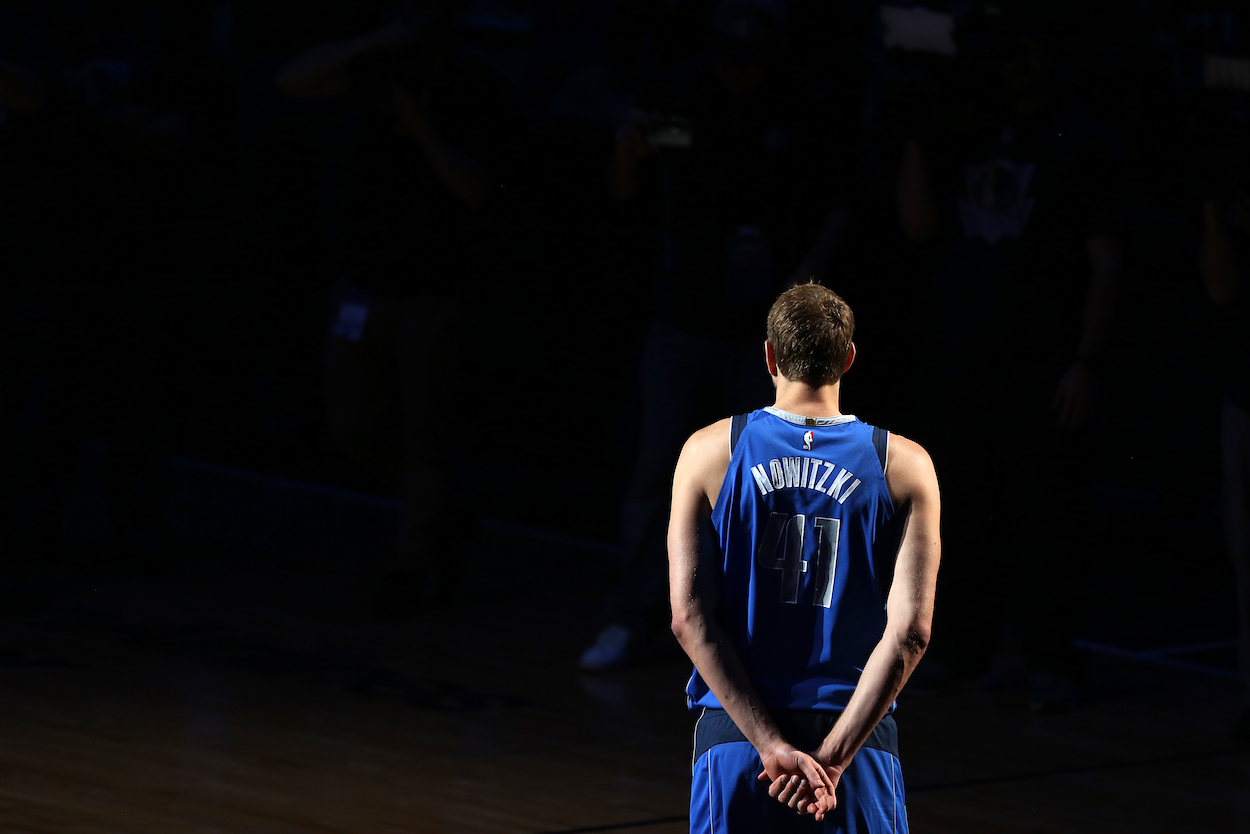Dirk Nowitzki of the Dallas Mavericks walks off the court after announcing that he played his last home game at American Airlines Center in 2019.