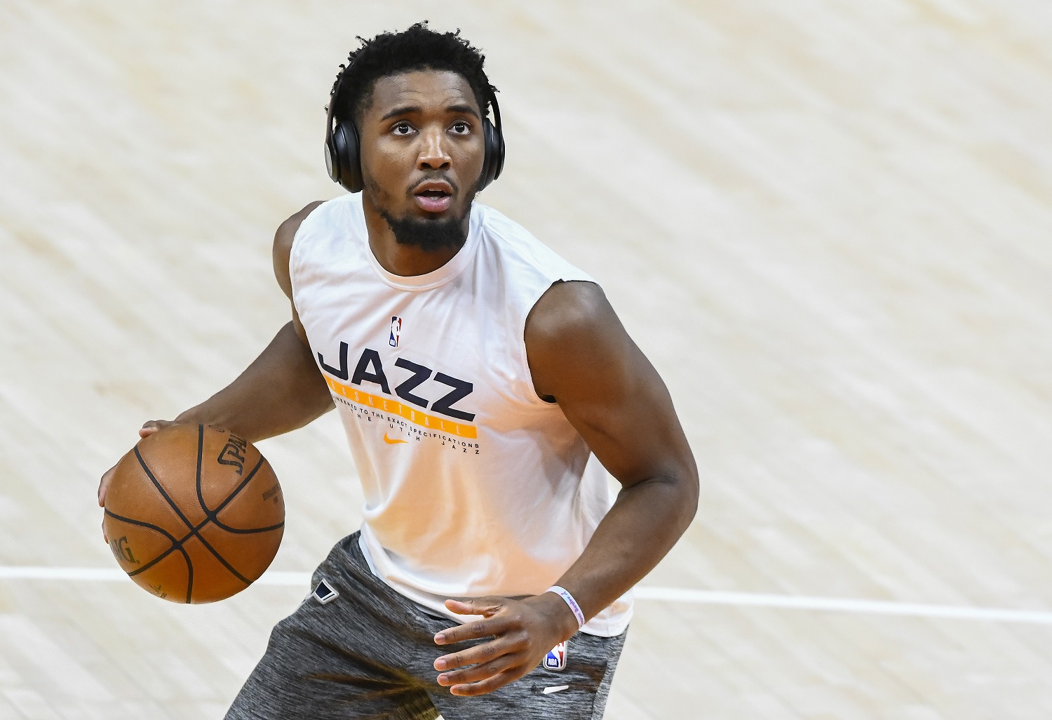 Donovan Mitchell of the Utah Jazz warms up before Game 5 of the Western Conference semifinals against the Los Angeles Clippers on June 16, 2021.
