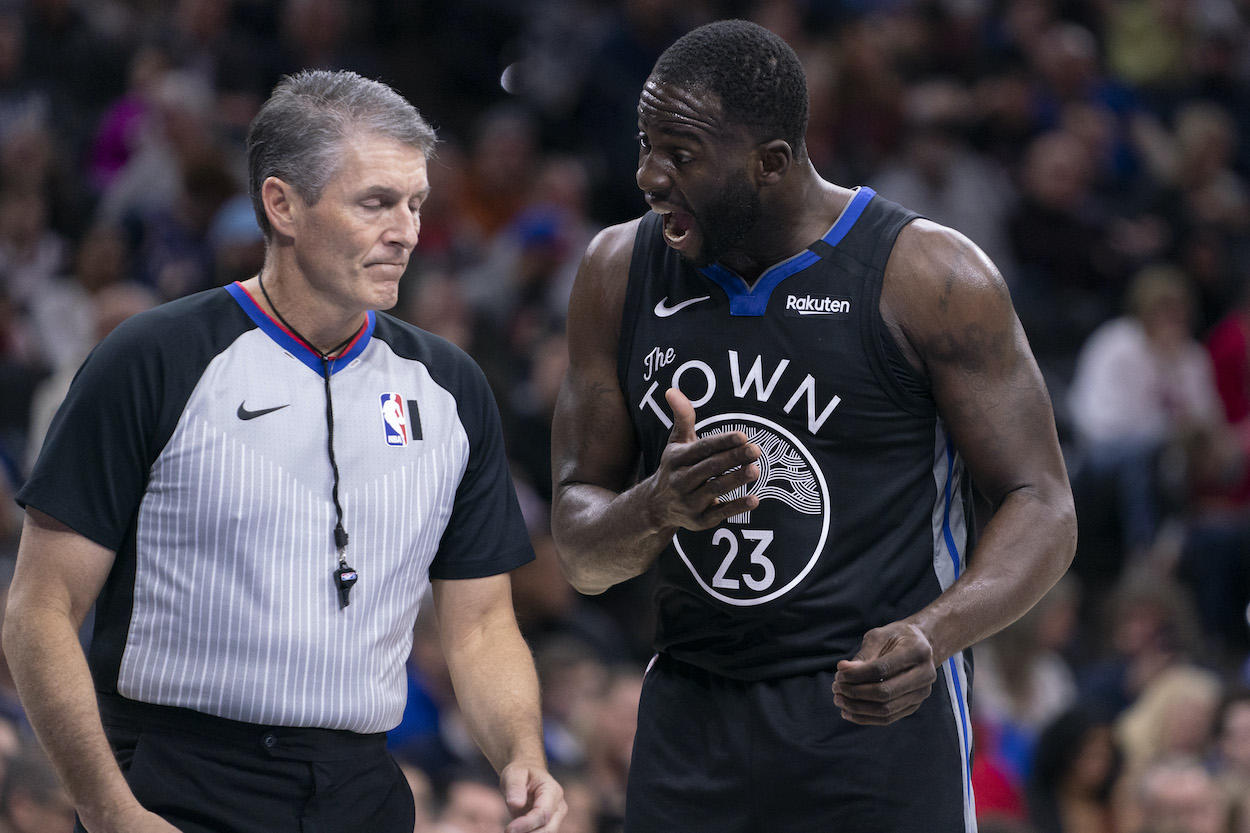 Draymond Green, who recently went on a rant about NBA players vs. fans, argues with an NBA official.