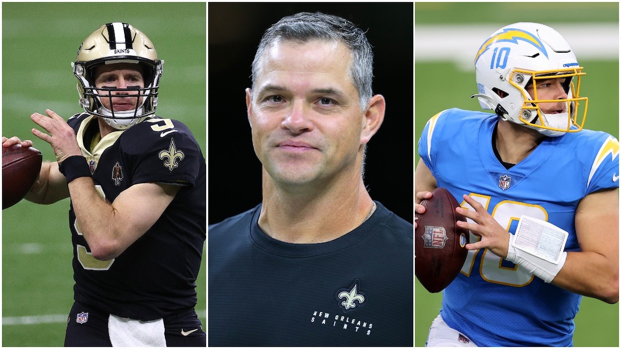 (L-R) New Orleans Saints QB Drew Brees, Los Angeles Chargers offensive coordinator Joe Lombardi, Chargers QB Justin Herbert