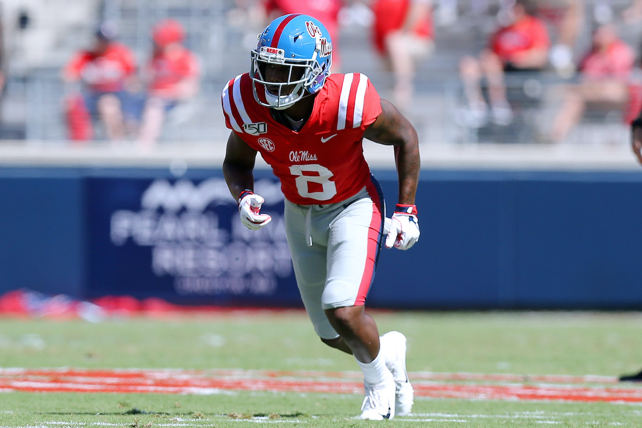New York Jets rookie wide receiver Elijah Moore pictured in college at Ole Miss