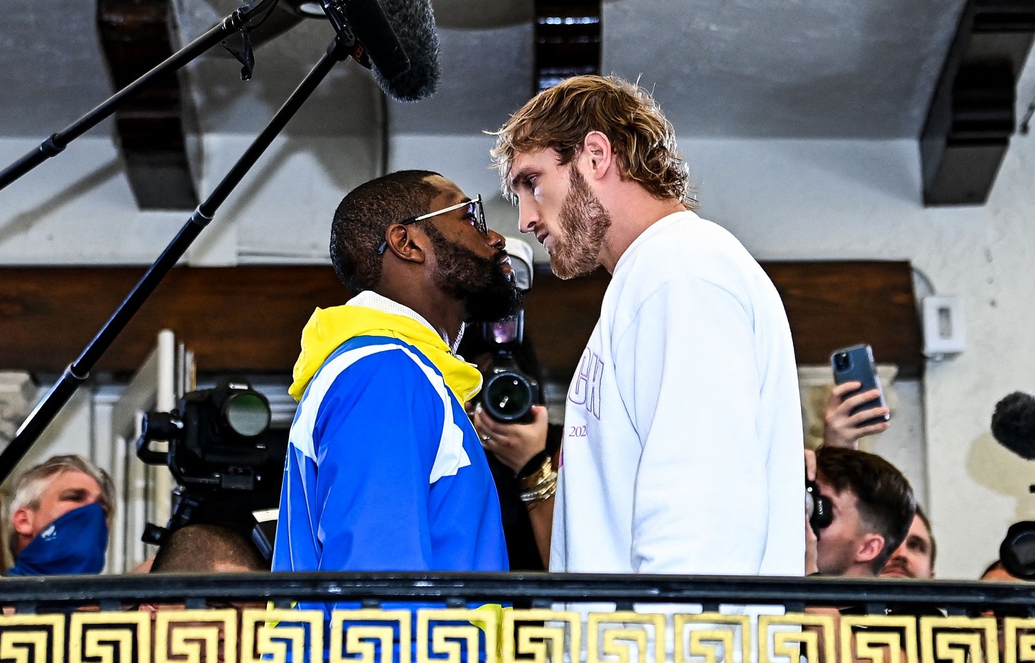 Former world boxing champion Floyd Mayweather and YouTube personality Logan Paul face off during the media availability ahead of their June 6 exhibition match.