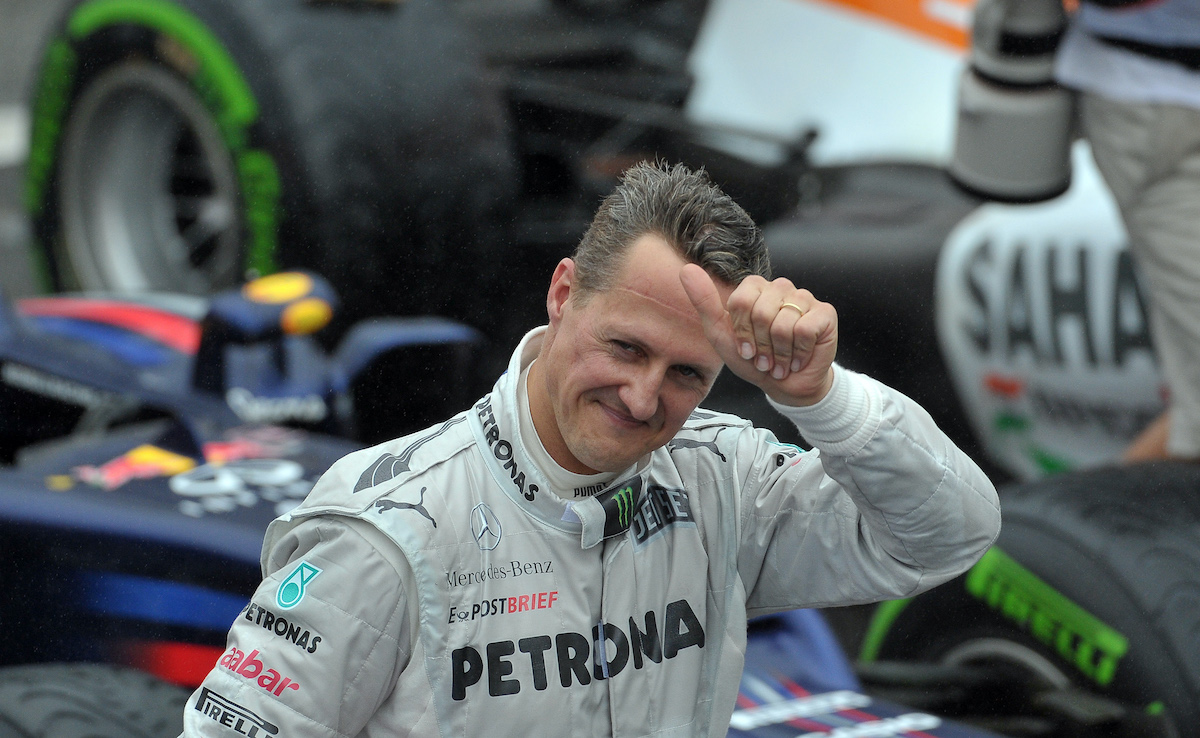 German Formula 1 driver Michael Schumacher gives a thumbs-up in 2012