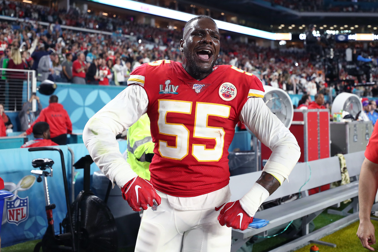 Frank Clark of the Kansas City Chiefs reacts after defeating San Francisco 49ers by 31 - 20 in Super Bowl LIV at Hard Rock Stadium on February 02, 2020 in Miami, Florida.
