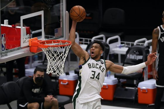 Milwaukee Bucks star Giannis Antetokounmpo in playoff action against the Brooklyn Nets.