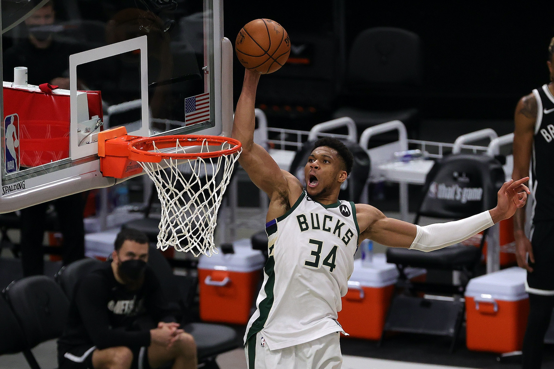 Milwaukee Bucks star Giannis Antetokounmpo in playoff action against the Brooklyn Nets.
