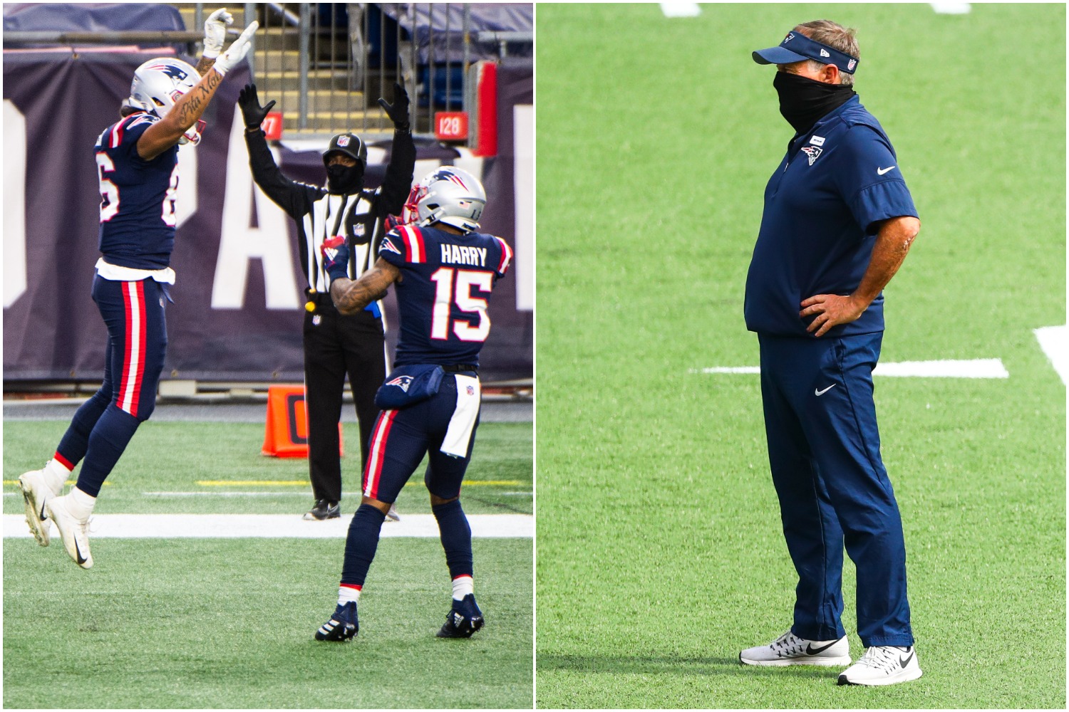 New England Patriots tight end Devin Asiasi celebrates scoring a touchdown with N'Keal Harry as Bill Belichick observes practice.