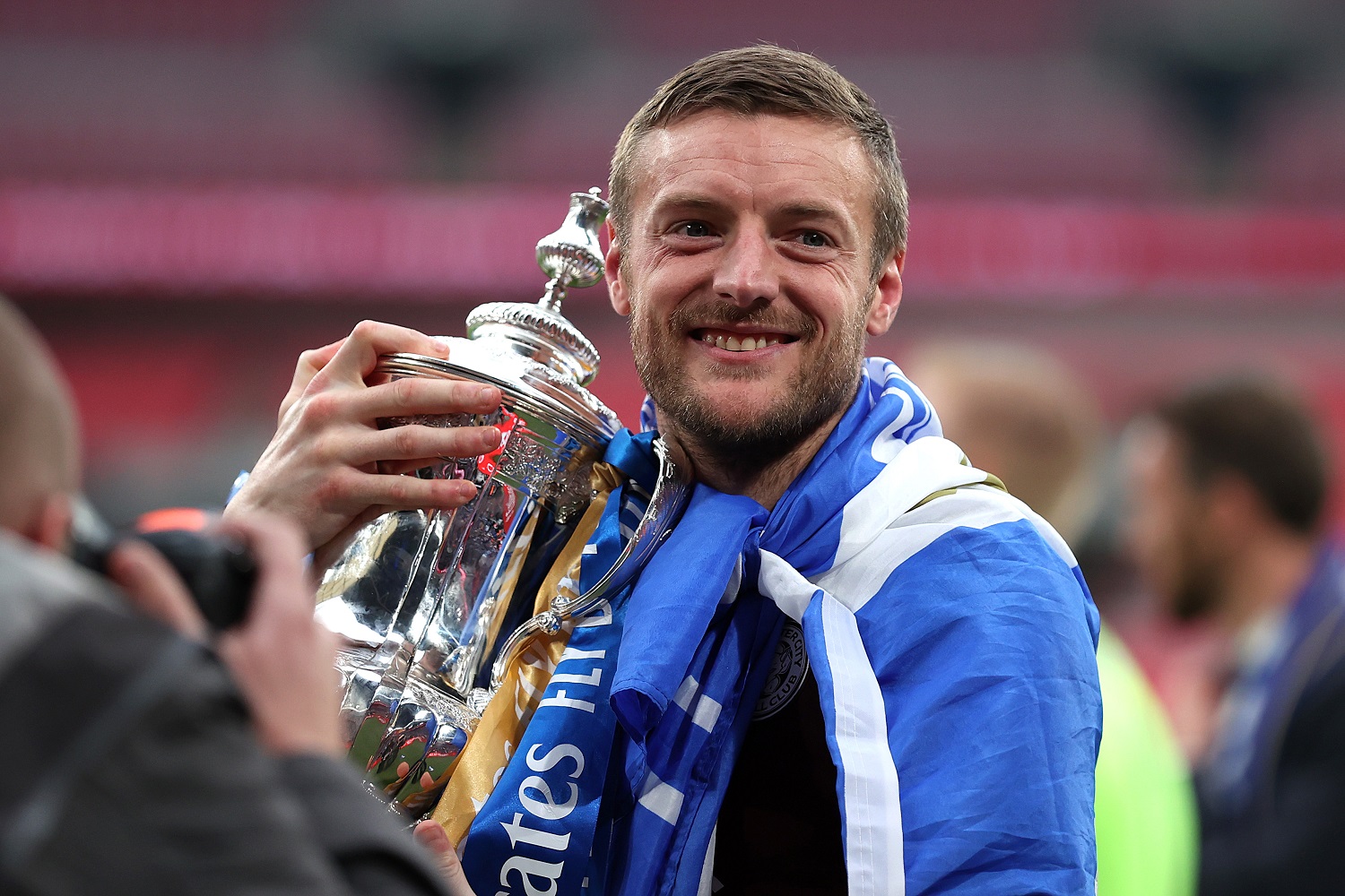 Jamie Vardy of Leicester City celebrates with the trophy following The Emirates FA Cup Final match against Chelsea at Wembley Stadium on May 15, 2021. | Alex Pantling - The FA/The FA via Getty Images