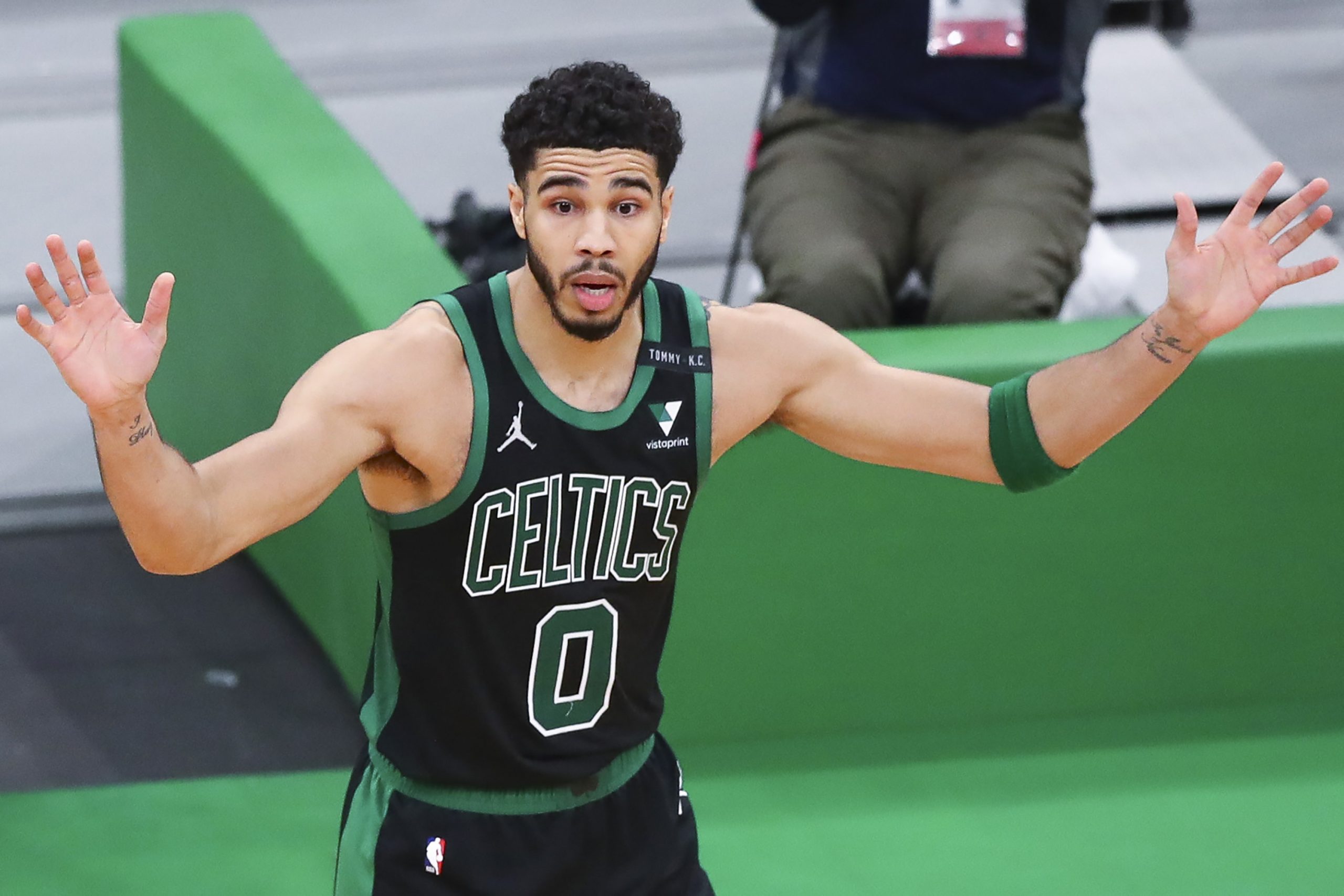 Jayson Tatum complains about a foul during a playoff game against the Brooklyn Nets.