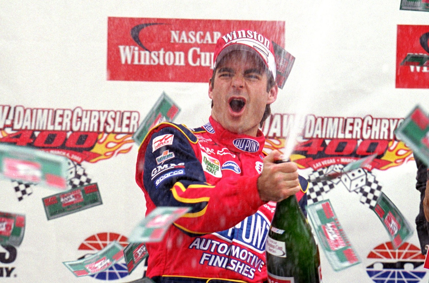 Jeff Gordon of Hendrick Motorsports celebrates his win after the UAW Diamler-Chrysler 400 at Las Vegas Motor Speedway in 2001.