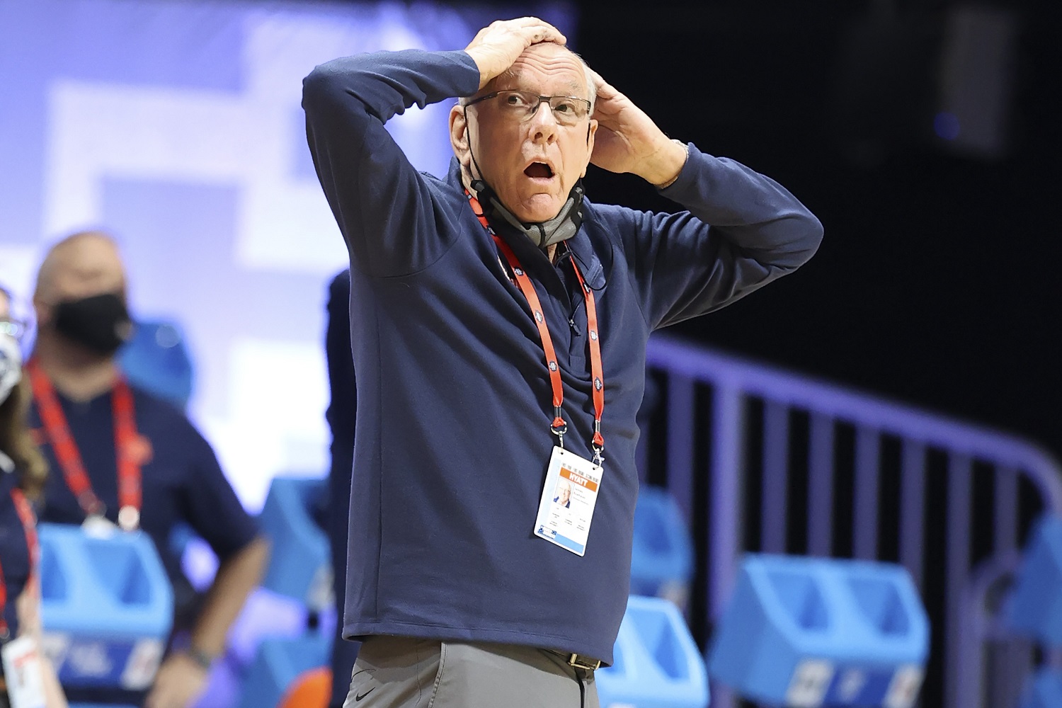 Syracuse coach Jim Boeheim reacts to a foul on his team against San Diego State in the first round of the 2021 NCAA Men's Basketball Tournament.