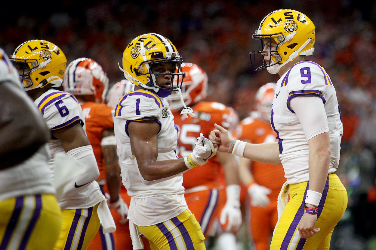 Joe Burrow and his new Cincinnati Bengals teammate Ja'Marr Chase of the LSU Tigers during the during the College Football Playoff National Championship game in 2020.