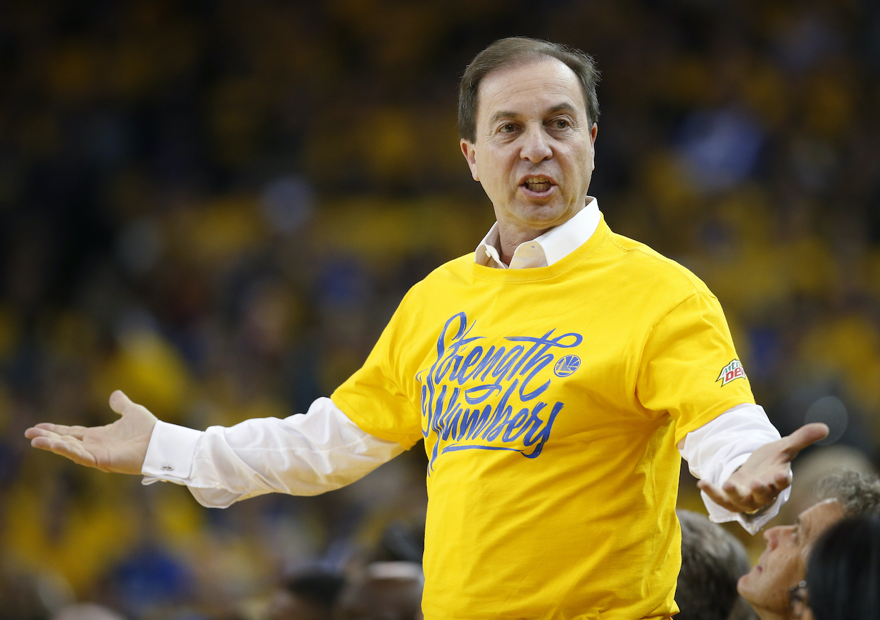 Golden State Warriors CEO Joe Lacob reacts to a foul during Game 4 of the NBA Western Conference finals at Oracle Arena in Oakland, Calif., on Tuesday, May 22, 2018.